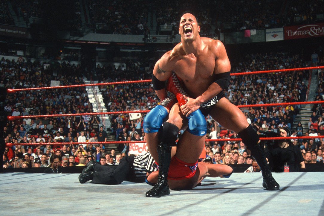 In the main event of No Way Out 2001, The Rock would win his 7th WWF Championship by pinning Kurt Angle. #WWE  #AlternateHistory ( #AlsoReality except for the 7x-time thing)