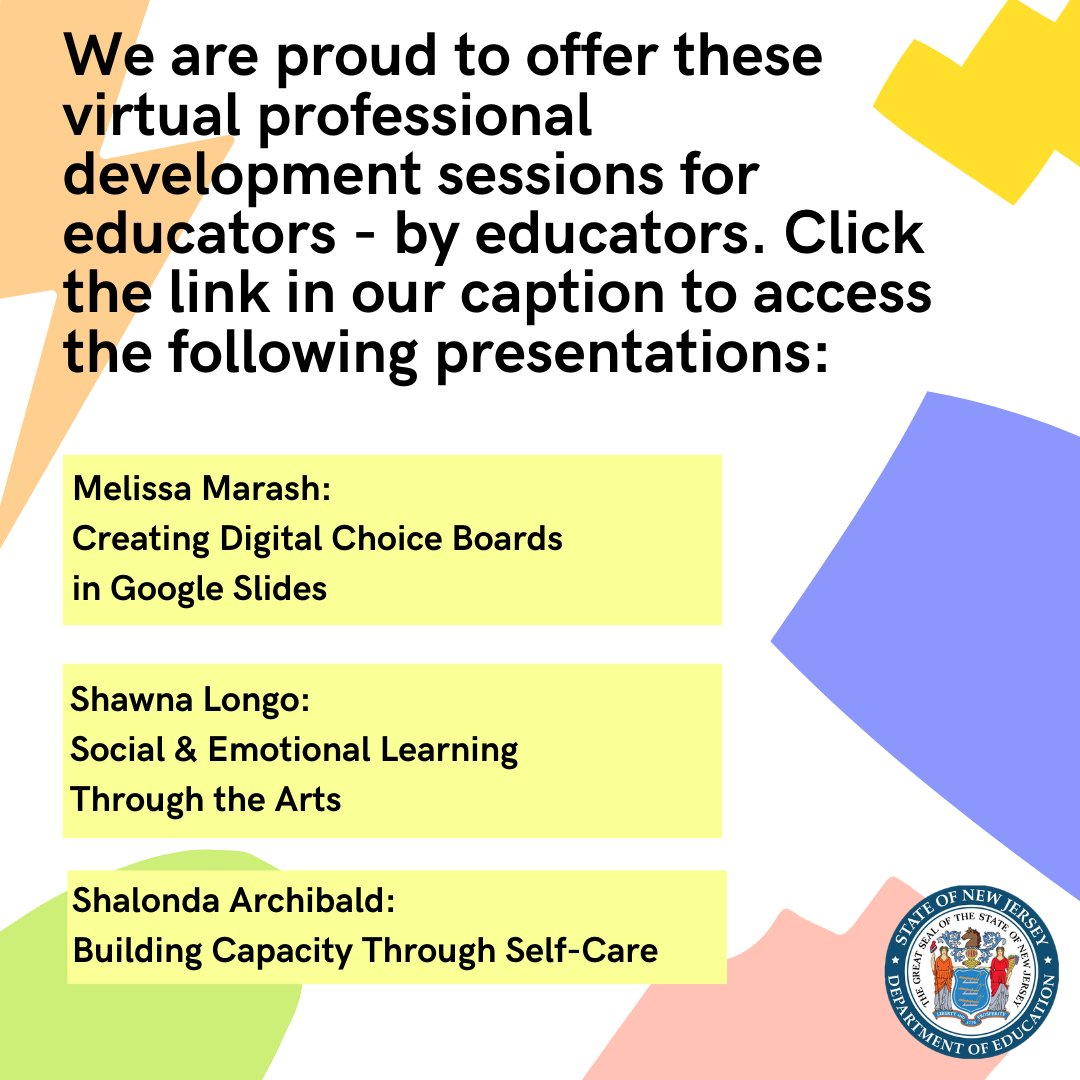 NewJerseyDOE's tweet photo. Hey Educators! It's that time of week again: check out these educators who are offering some really valuable professional development just for you! 

Click here to check out all of the virtual PD webinars we've offered, including this week's batch: https://t.co/FFaRzWEk1o https://t.co/qCAz3vW0Iv