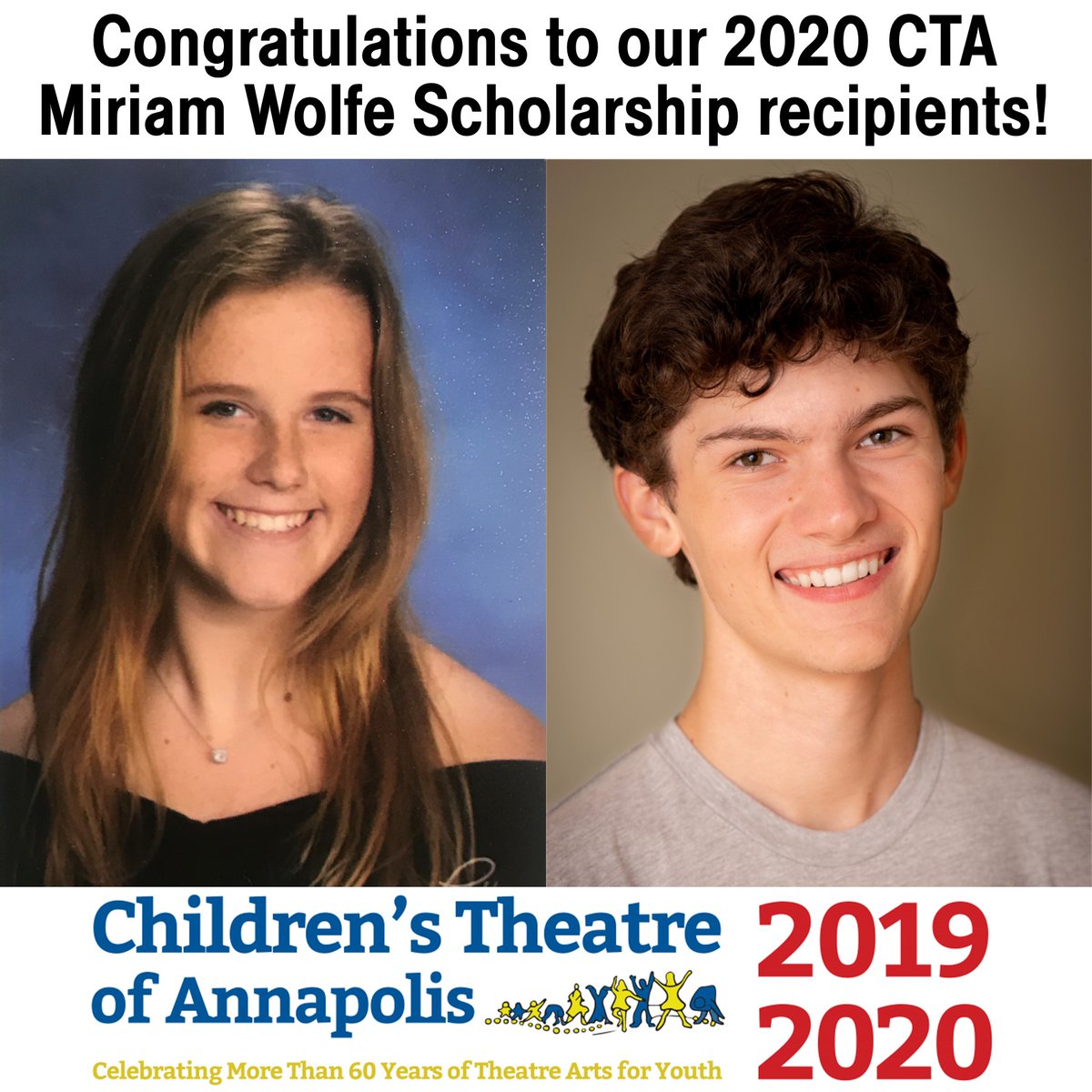 CTAnnapolis's tweet photo. CTA is pleased to announce the winners of the 2020 Miriam Wolfe Scholarship, Annabelle Cotton &amp; Matthew Beagan! Congratulations to all of CTA's graduating seniors, &amp; thank you for your dedication to our organization.
#CTAScholarship #Classof2020 #PerformingArts https://t.co/Rk17aodxlC