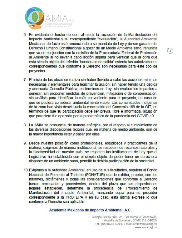 Pronunciamiento sobre el Tren Maya de la Asociación Mexicana de Impacto Ambiental A.C. (AMIA).

#UnaVozUnaCiencia