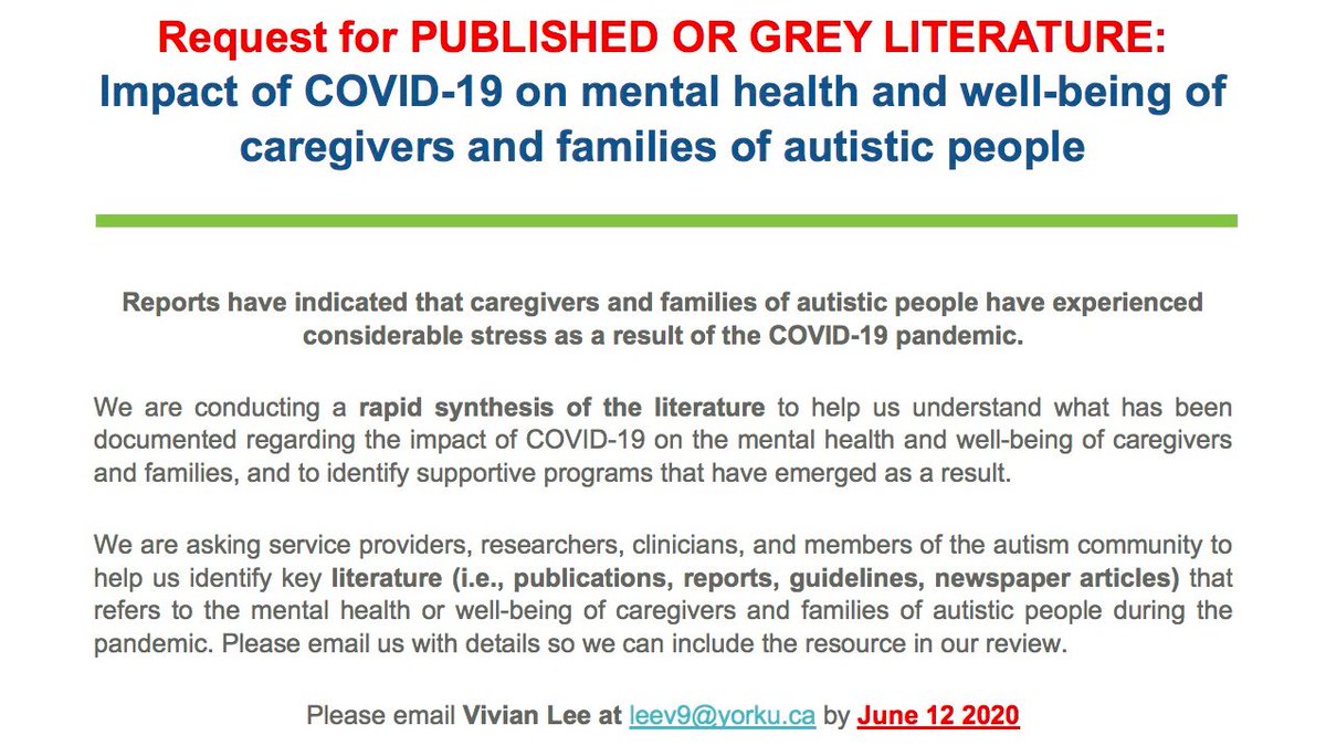 Hey #AcademicTwitter! Thanks to <a href="/CIHR_IRSC/">CIHR</a> we're working on a #RapidReview to understand the impact of #COVID19 on the #mentalhealth and #wellbeing of caregiver and families of #autisticpeople. We're asking the #autism community to share with us published literature!