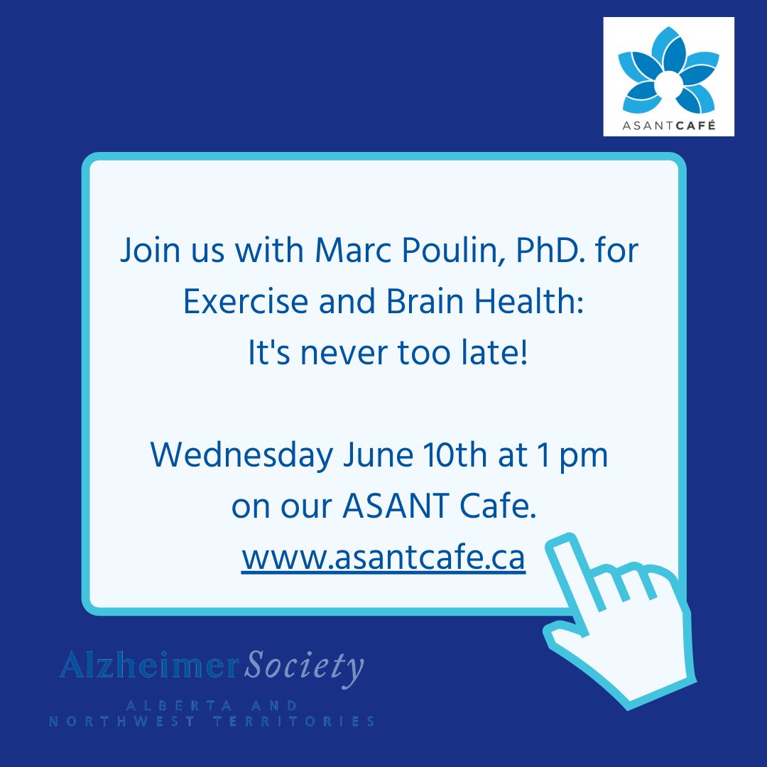 Join us for our next LIVE webinar! On Wednesday, June 10th at 1 pm we welcome <a href="/marcjpoulin/">Marc Poulin</a> &amp; <a href="/VeronicaYYCGuad/">Dr. Veronica Guadagni</a> on the topic of Exercise and Brain Health: It's never too late! To register, head to our #ASANTCafe: bit.ly/3eqhccy
