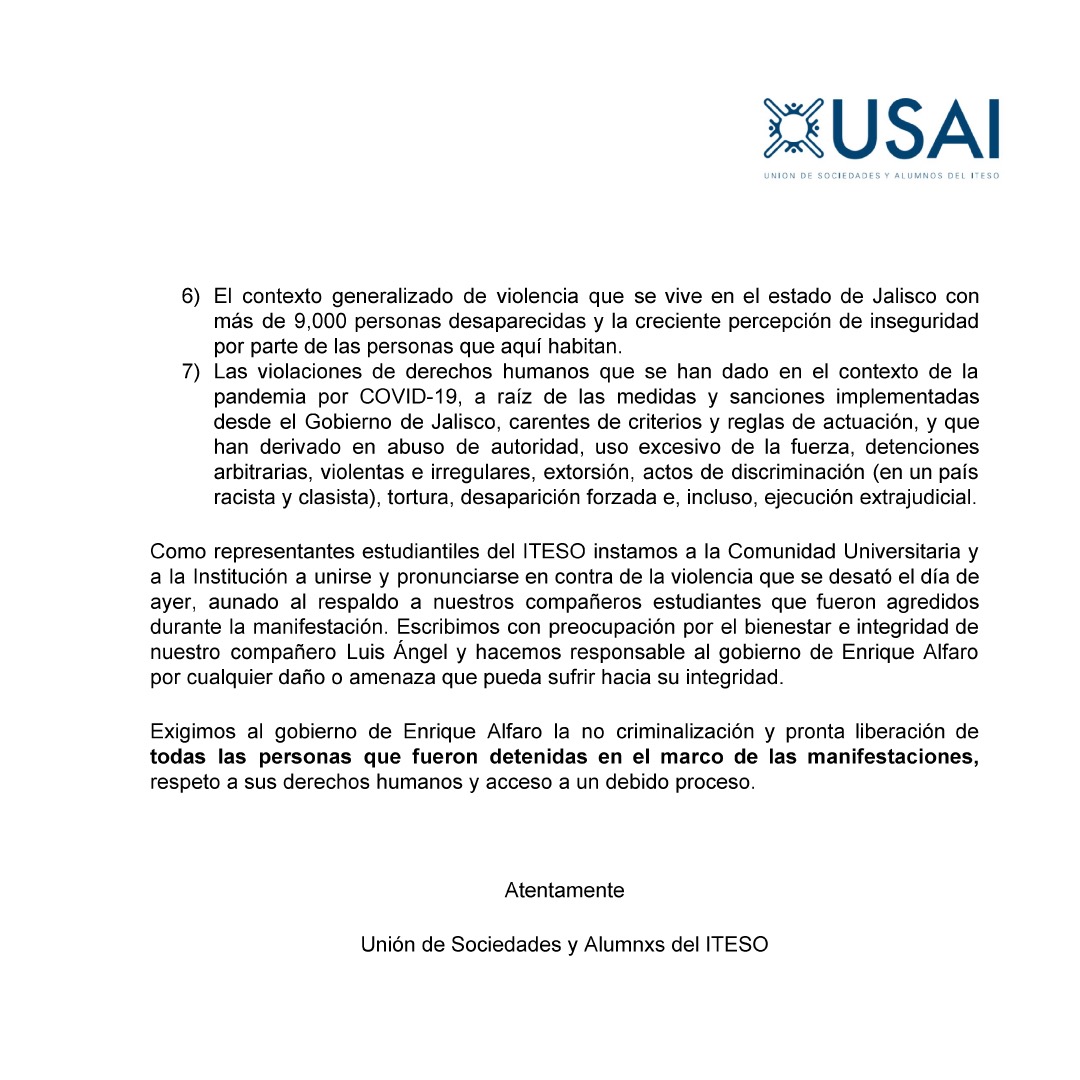 USAI_ITESO's tweet photo. Con respecto a la violencia suscitada por los agentes policíacos el día de ayer nos solidarizamos con nuestros compañeros y denunciamos lo siguiente #JusticiaParaGiovanni https://t.co/g7xEOdADhx