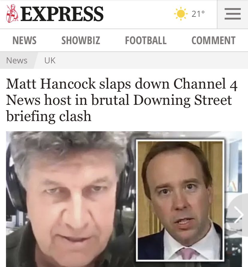 8/. It’s been 3 weeks since anyone from govt has appeared on  @Channel4News, & their journalists haven’t been able to ask a question at the briefing for a week @pritipatel bristled when  @InigoGilmore asked if she was sorry as did  @MattHancock when  @alextomo asked about care homes