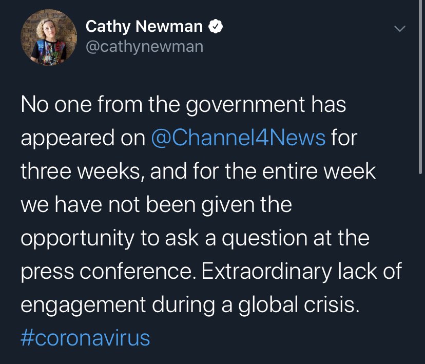 8/. It’s been 3 weeks since anyone from govt has appeared on  @Channel4News, & their journalists haven’t been able to ask a question at the briefing for a week @pritipatel bristled when  @InigoGilmore asked if she was sorry as did  @MattHancock when  @alextomo asked about care homes