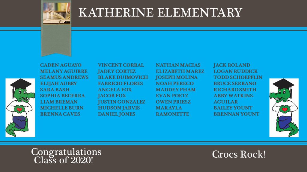 KatherineCrocs's tweet photo. Congratulations to our culminating sixth graders and our fifth graders who are promoting to middle school! We are so proud of you! Keep following your dreams and showing that grit! #crocsrock #katherinepride https://t.co/ATnCgRiTmH