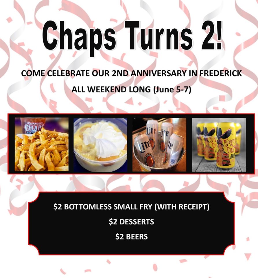 ChapsPitBeef's tweet photo. Congratulations #ChapsFrederick! So proud & honored to have Josh & his team as part of the #ChapsPitBeef family! Celebrate Chaps Frederick's Birthday (Frederick Location Only) all weekend long! $2 bottomless small fry (Must ask for it!), $2 Dessert & $2 Beer & Birthday Cake! https://t.co/eI8dWUiPtB