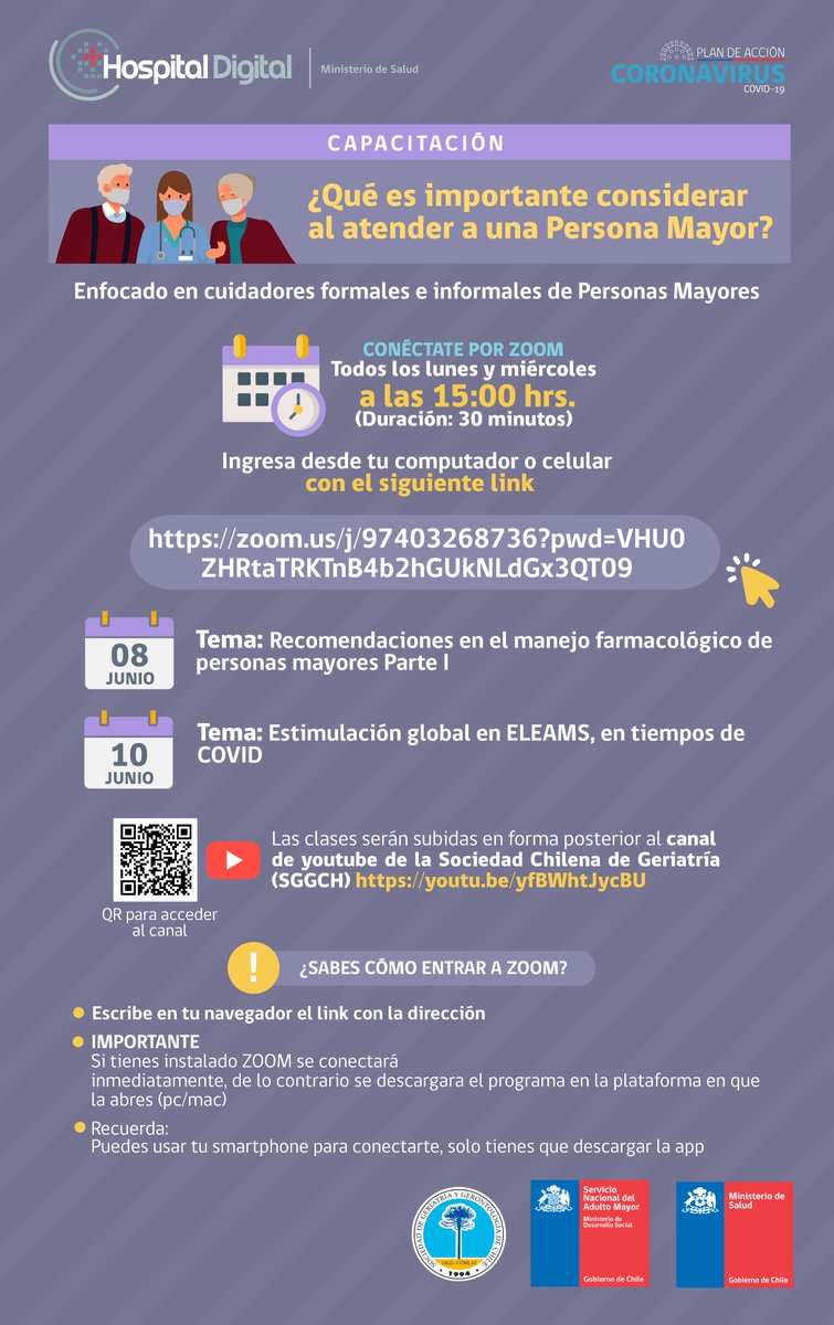 El próximo lunes continúa nuestra capacitación en línea sobre Cuidados en la Atención de Personas Mayores 🧓👴 en contexto de #COVID_19. Compartimos los temas de la próxima semana, y ojo! 👀 NUEVO LINK para conectar vía Zoom: Ver en hilo 👇