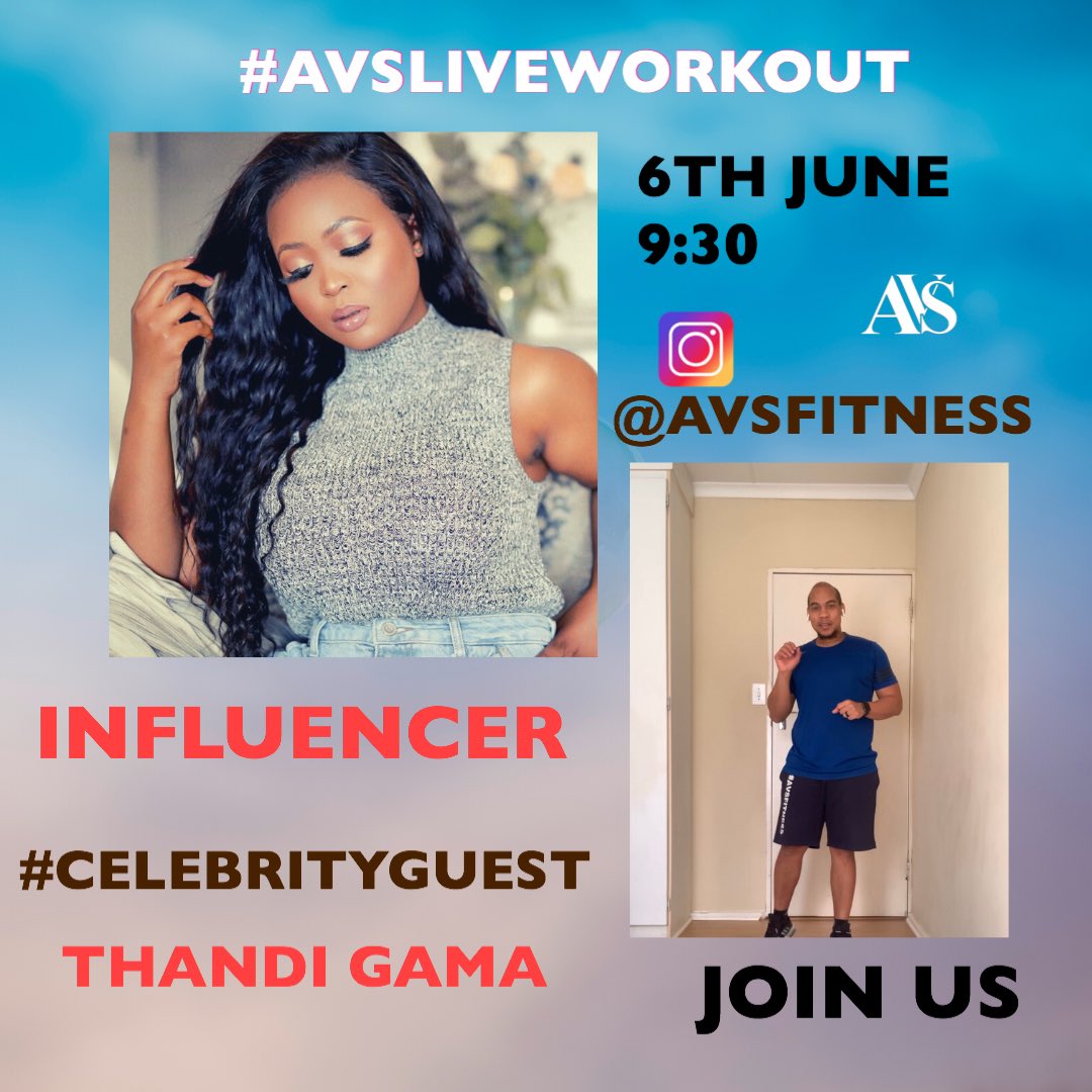 audas_vanschoor's tweet photo. My #CelebrityGuest for the #AvsLiveWorkout tomorrow is @Thandi_Gama .
.
.
.
Join us 9:30am for your #SweatySaturday workout on Instagram.🏋🏾‍♀️🚨
.
.
#SweatySaturday #SweatWithTheCeleb  #YouCanJoin  #CelebWorkout  #WorkoutWithACeleb #Lockdown #StayHome
#AvsIsOnline #AvsFitness https://t.co/TnKIuXWB35