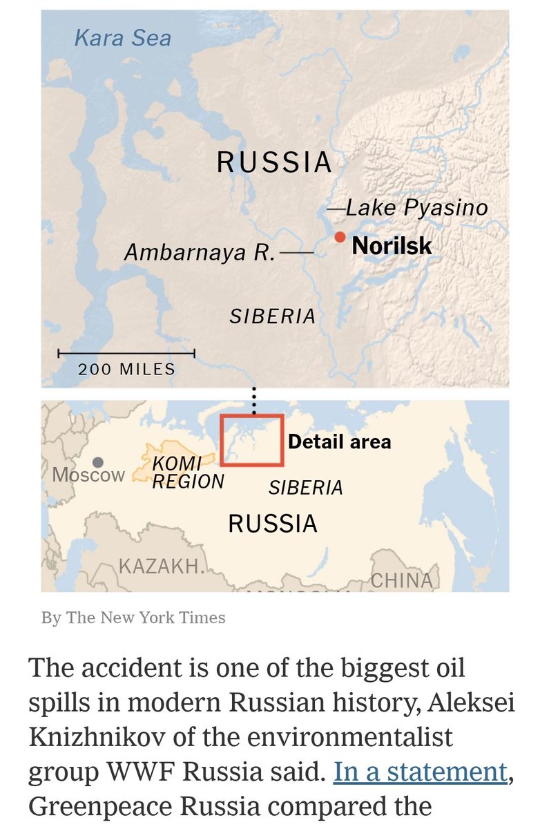 ahari_rojar's tweet image. Russia Declares Emergency After Arctic Oil Spill

The leak of more than 20,000 tons of diesel in Siberia, said to be one of the country’s worst such accidents, turned a river crimson and was heading for the ocean.
#environmentaldisasters
#rassia