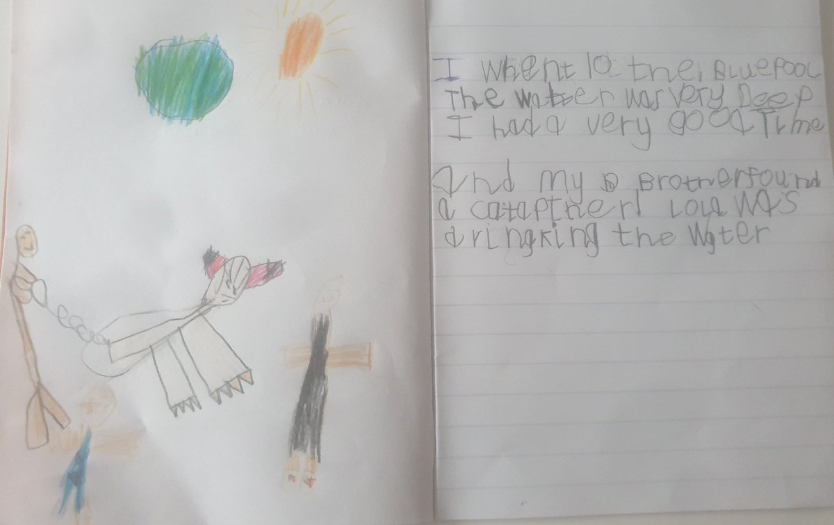 leighxtx's tweet photo. We've been doing lots of exploring and adventuring during lock down. C wanted to write a story about his trip to the Blue Pool. @MrsGreenLVPS https://t.co/4gr2fBhpfx