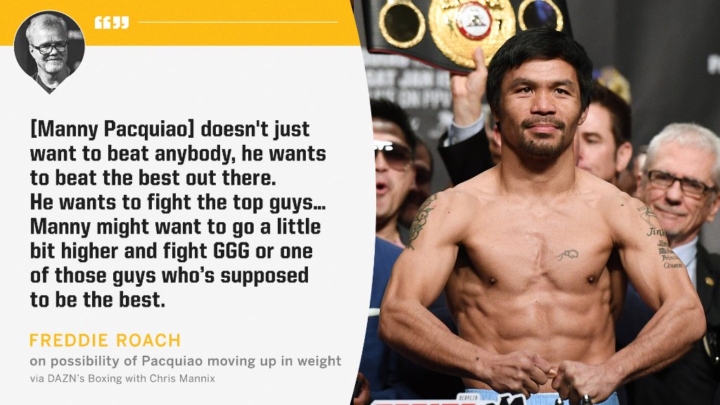 ESPNRingside's tweet photo. Freddie Roach says he could see Pacquiao possibly challenging GGG at middleweight. https://t.co/p2mqQSYBqo