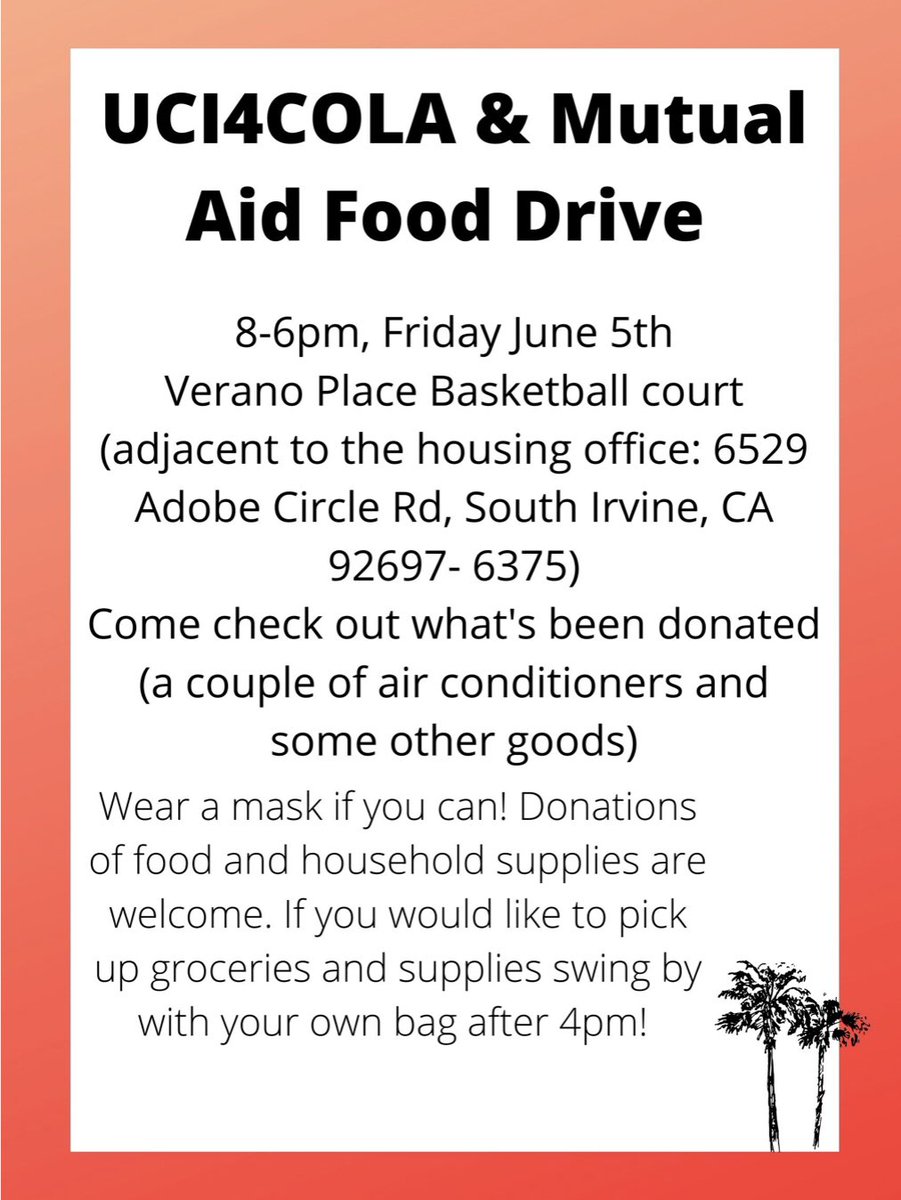 Our 5th Donations Drive is TODAY 8am-6pm. A recent survey revealed 80% of UCI undergrads have lost their jobs &amp; rent &amp; food r among the top bills students r struggling w/! More info at uci4cola.com Donate $:gf.me/u/xsfm98