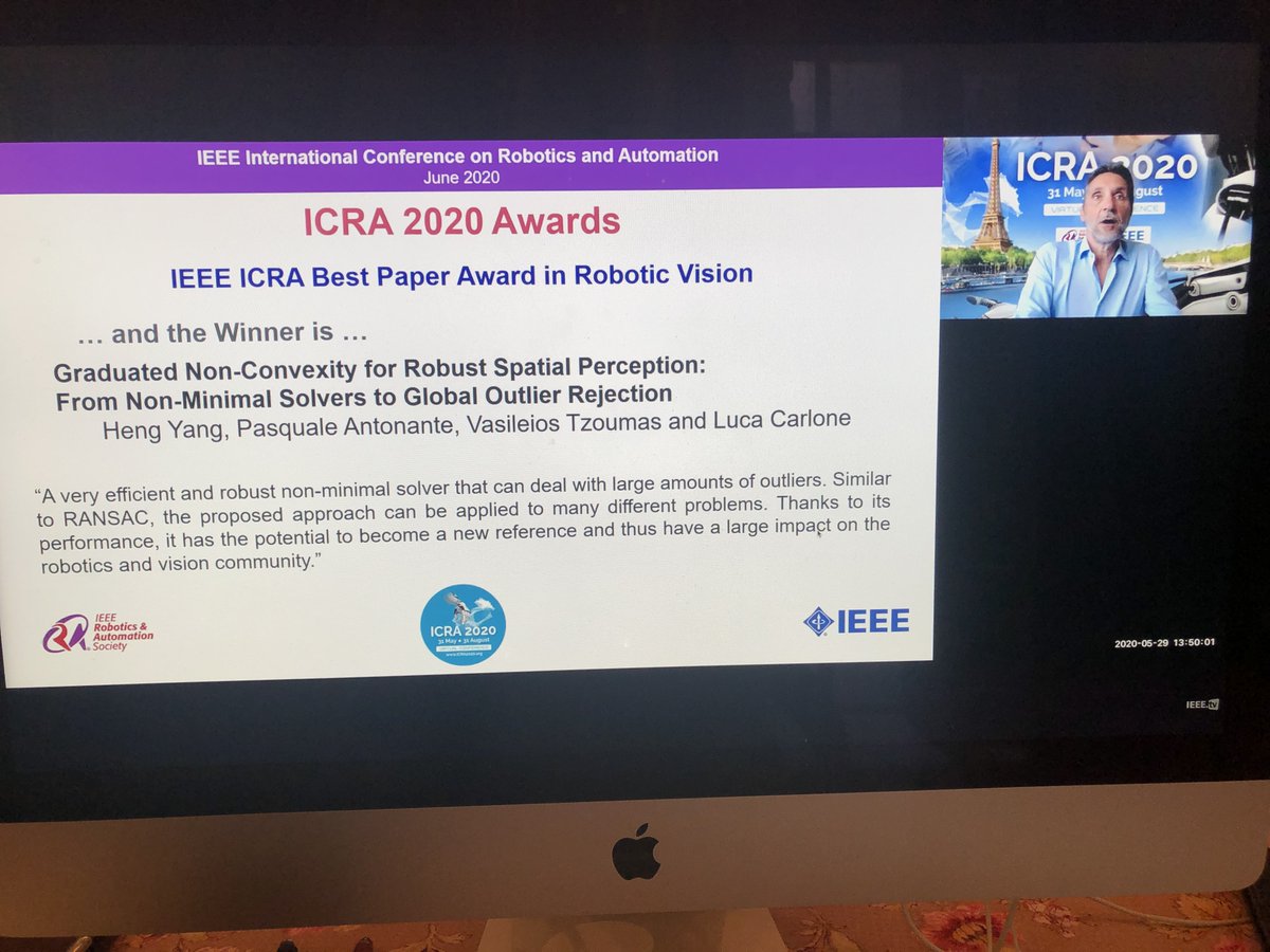 lucacarlone1's tweet image. our work on graduated non-convexity for robust geometric perception won the best paper award in Robotic Vision at ICRA! congrats to Heng, Pasquale, Vasileios! 
video: youtu.be/F0AlzLA0DY8
paper: arxiv.org/abs/1909.08605
(picture courtesy of @pappasg69)
#mitSparkLab #ICRA2020