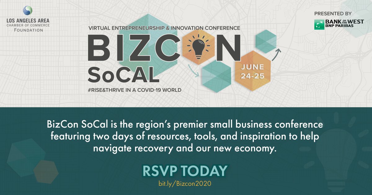 Join us #virtually for #BIZCON SoCal, the region’s premier small business conference featuring two days of resources, tools, and inspiration to help navigate recovery and our new economy.  #RiseandThrive in a Covid-19 world. Register: bit.ly/Bizcon2020