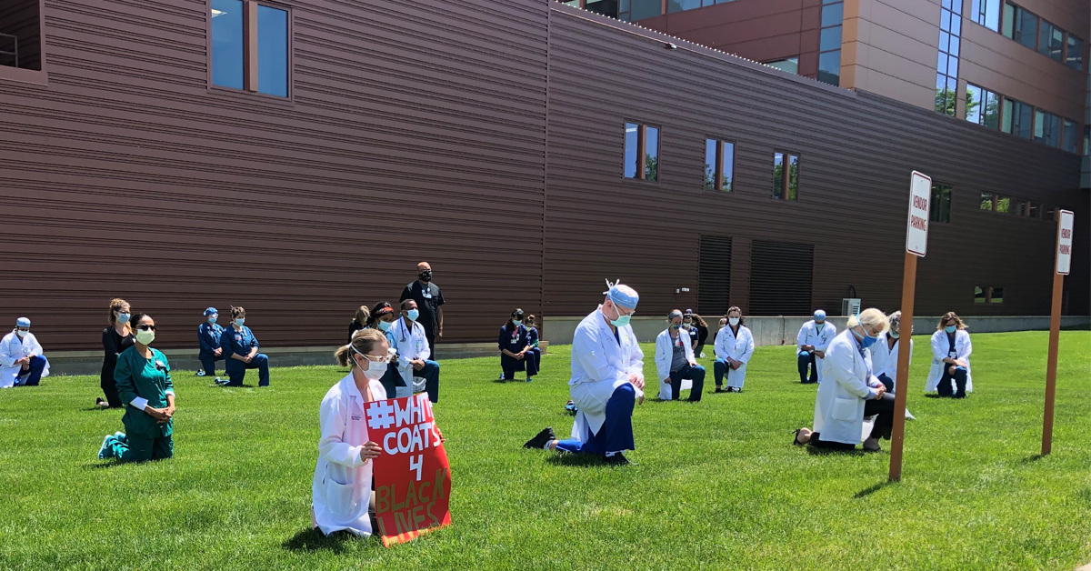 Hennepin Healthcare, <a href="/childrensmn/">Children's Minnesota</a>, <a href="/northmemorial/">North Memorial</a>, and <a href="/MapleGroveHosp/">Maple Grove Hospital</a> joined health care systems across the country for 10 minutes of silence to support #WhiteCoatsforBlackLives. Today represents our commitment to improving racial inequities and healthcare disparities.