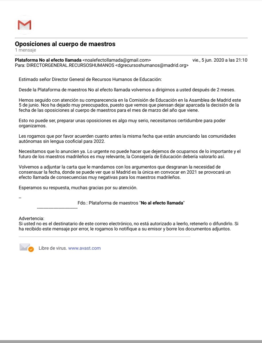 NoEfectoLlamada's tweet photo. Hemos enviado un correo electrónico al Dir. Gral. de RRHH de @educacmadrid trasladándole nuestra preocupación por el retraso en el anuncio de la fecha de las oposiciones al cuerpo de maestros. No podemos esperar hasta marzo.
#ConvocadMaestros2022 https://t.co/sYN55lzKxB