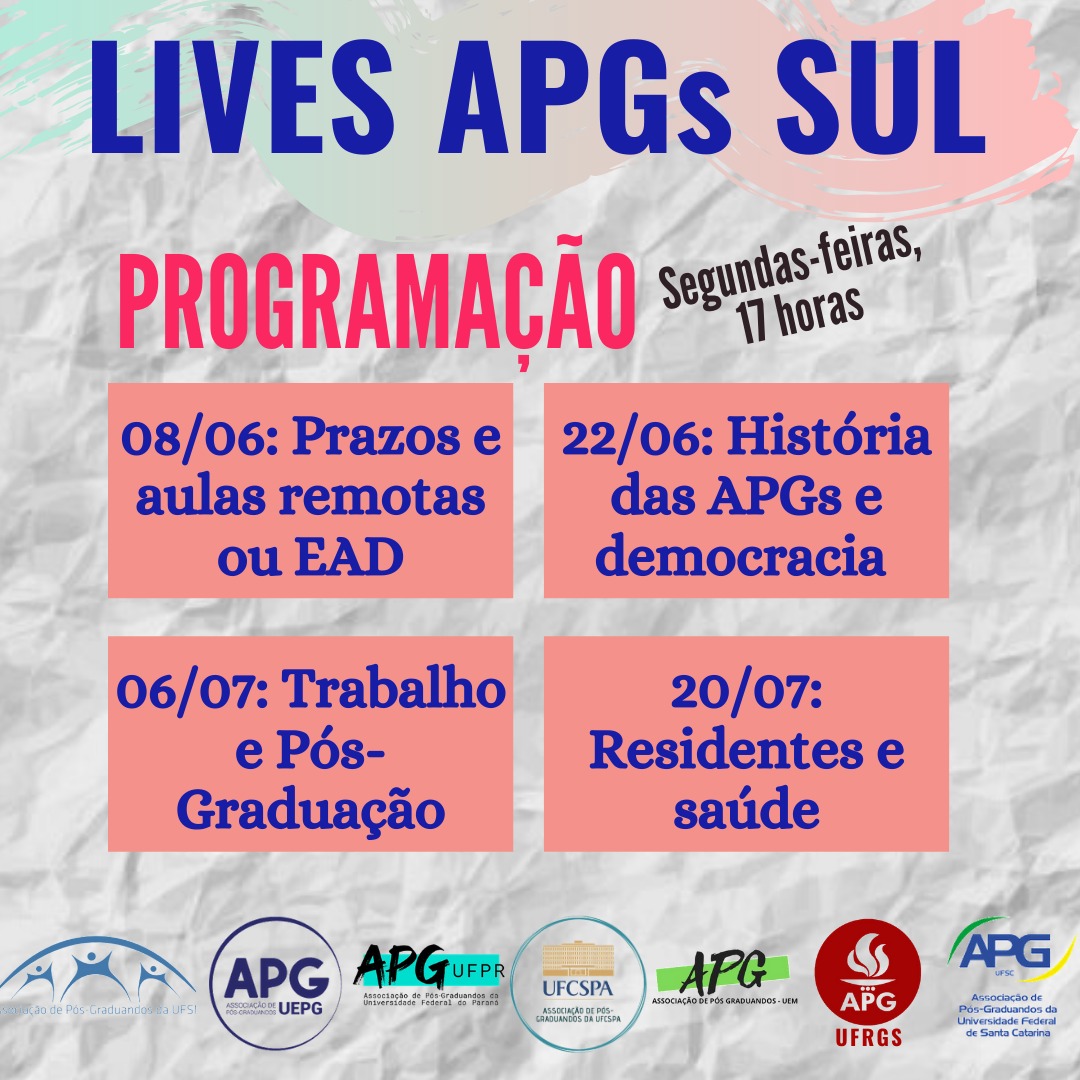 apgufsm's tweet photo. Para aproximar e melhor mobilizar as APGs e estudantes de Pós-Graduação da Região Sul do país, fiquem atentos ao convite:
@anpg @apgufsc @APGUNIFESP @dceufsm @RadiosUFSM @UFSM_oficial @PRPGP_UFSM @sedufsm https://t.co/0omSe0m3Wt