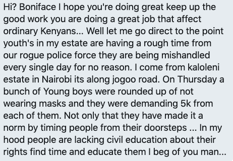 bonifacemwangi's tweet photo. "I come from Kaloleni estate in Nairobi. On Thursday police rounded up young men for not wearing masks and they were demanding a #MaskTax of KES 5000 from each person. Police have made it a norm to arrest people at their doorsteps."- Via DM #TeamCOURAGE https://t.co/CH35Ib5VVE
