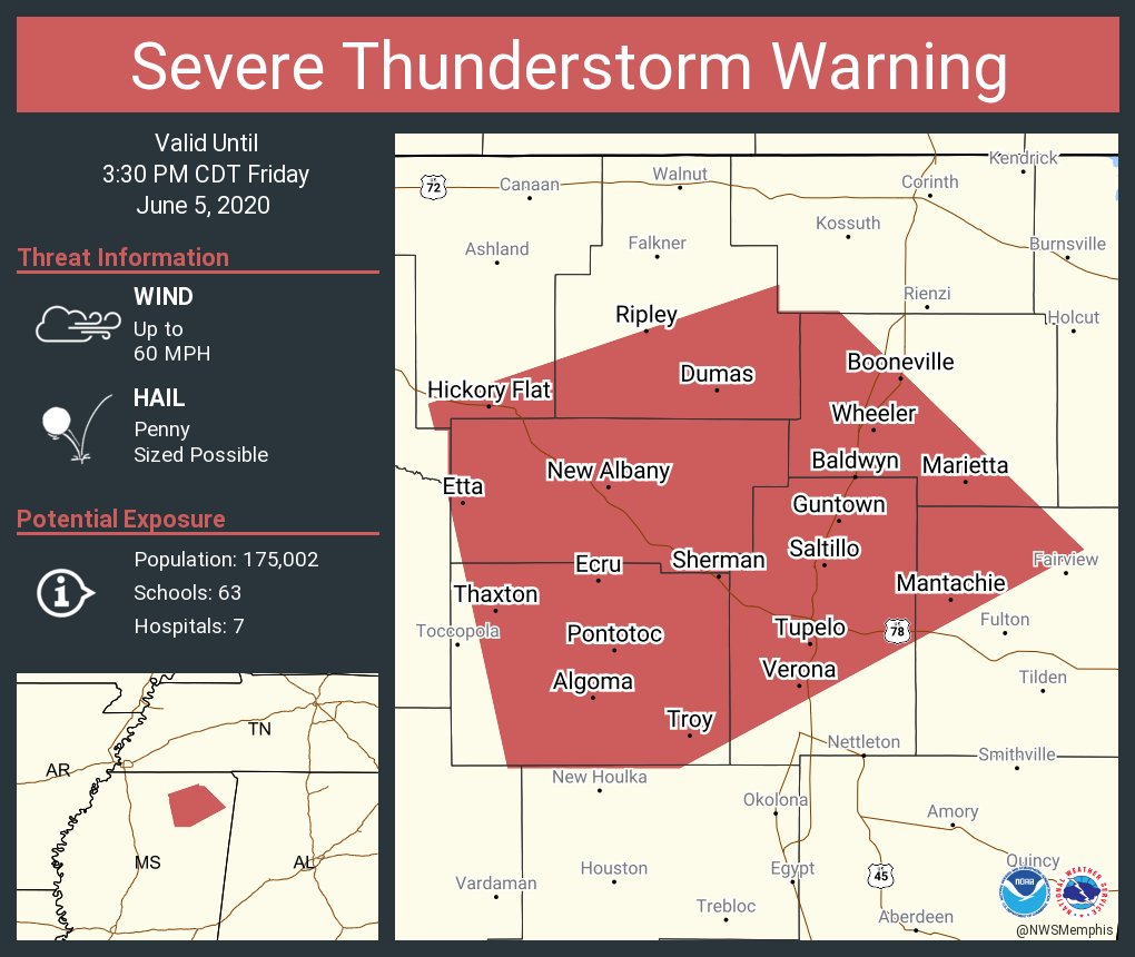 Severe Thunderstorm Warning including Tupelo MS, Booneville MS, New