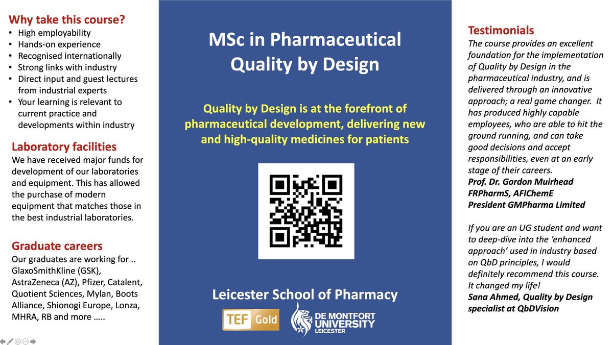 Our MSc in Pharmaceutical Quality by Design is at the forefront of pharmaceutical development, delivering new and high-quality medicines for patients. Apply today to join us this Autumn. dmu.ac.uk/study/courses/…