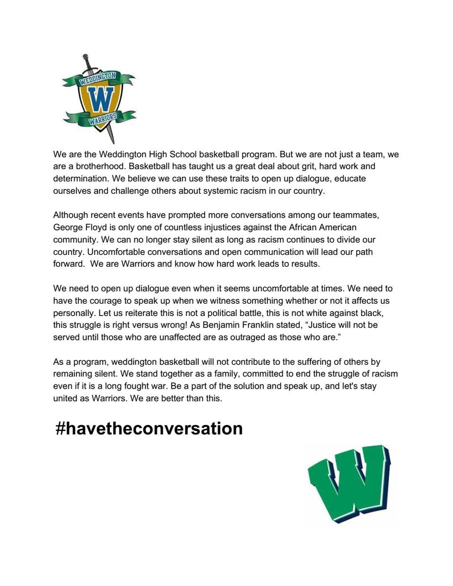 After some great conversations this week with our players, we challenged them to come up with a statement that they wanted to make about current social issues. We wanted it to come from them, in their own words. The following doc is what they came up with. #HAVETHECONVERSATION