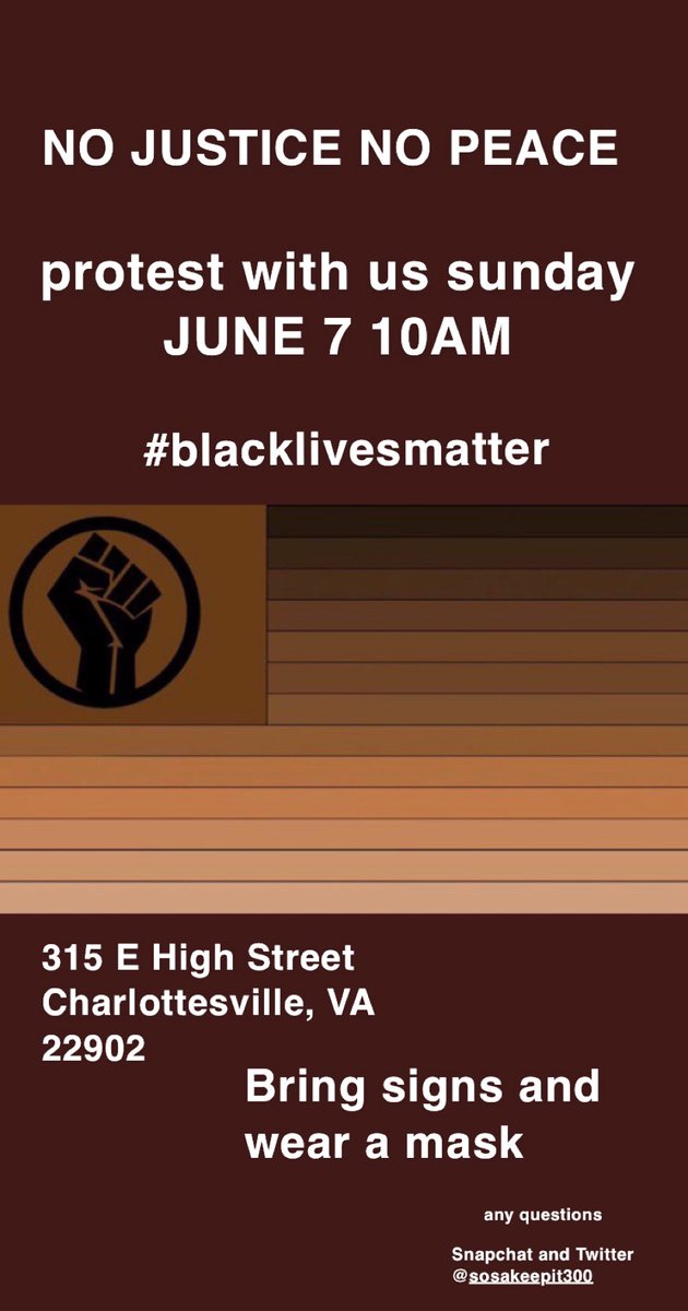 sosakeepit300's tweet photo. JOIN US IN CHARLOTTESVILLE, VA Sunday June 7th at 10AM !!!!
315 E High Street 22902
#blacklivesmatter #charlottesvilleprotest #VAProtest #charlottesvilleVA https://t.co/m3R0oUMznk