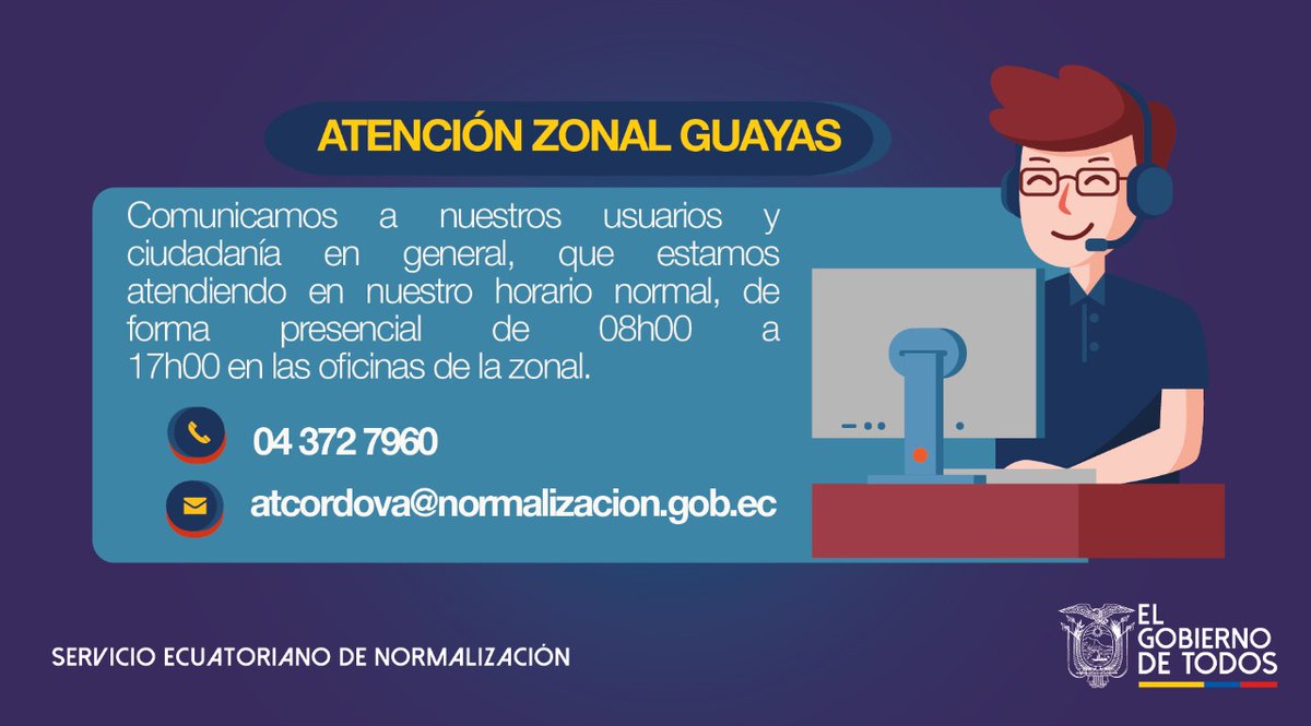INEN_EC's tweet photo. Comunicamos a nuestros usuarios que la Dirección Zonal Guayas se encuentra brindando servicio de lunes a viernes de  08h00 a 17h00. https://t.co/w12ZGDtrmP
