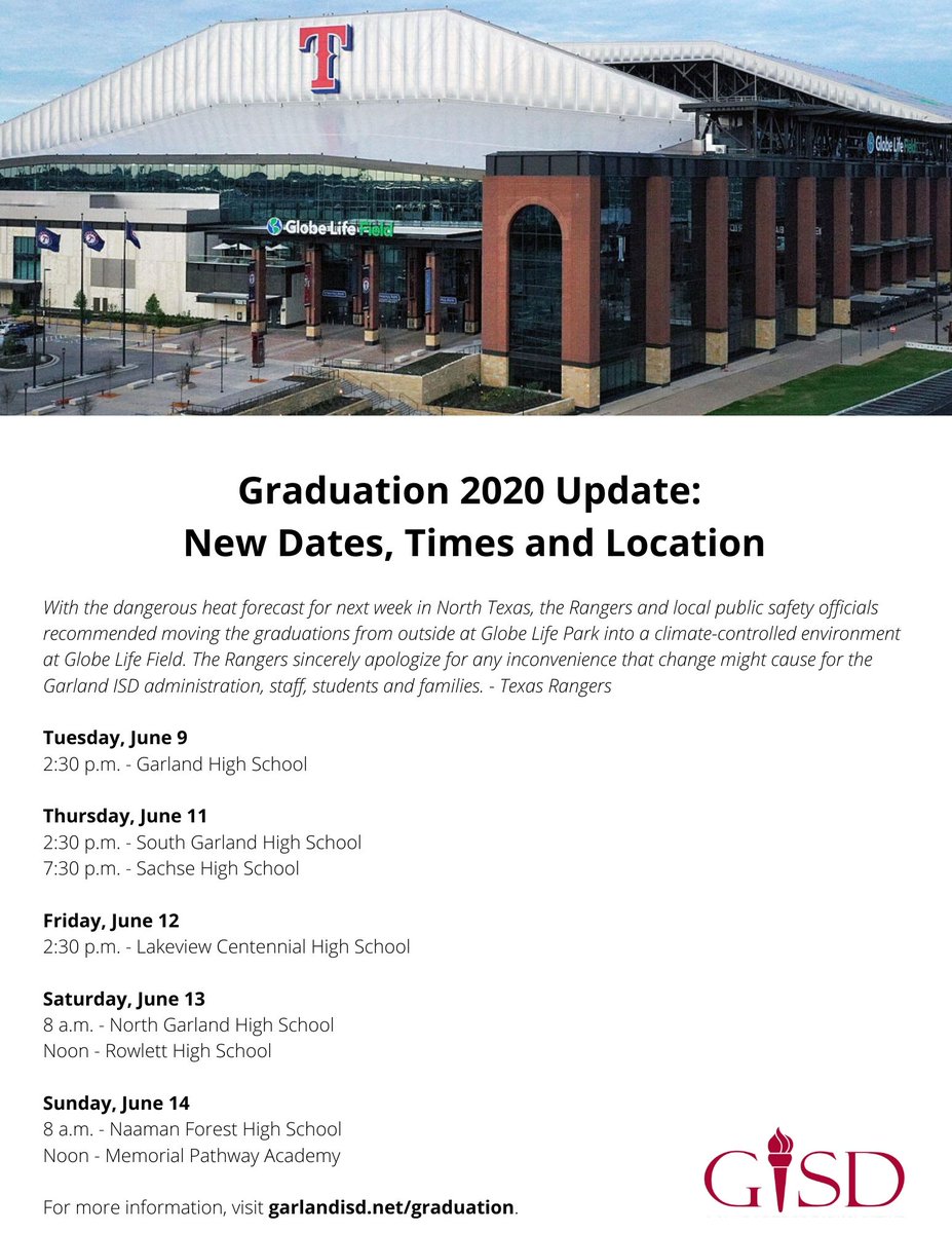 Due to anticipated high temperatures next week, the Rangers and local public safety officials have recommended moving graduation from Globe Life Park to Globe Life Field for the safety of all attendees. See new dates, times and details: garlandisd.net/graduation