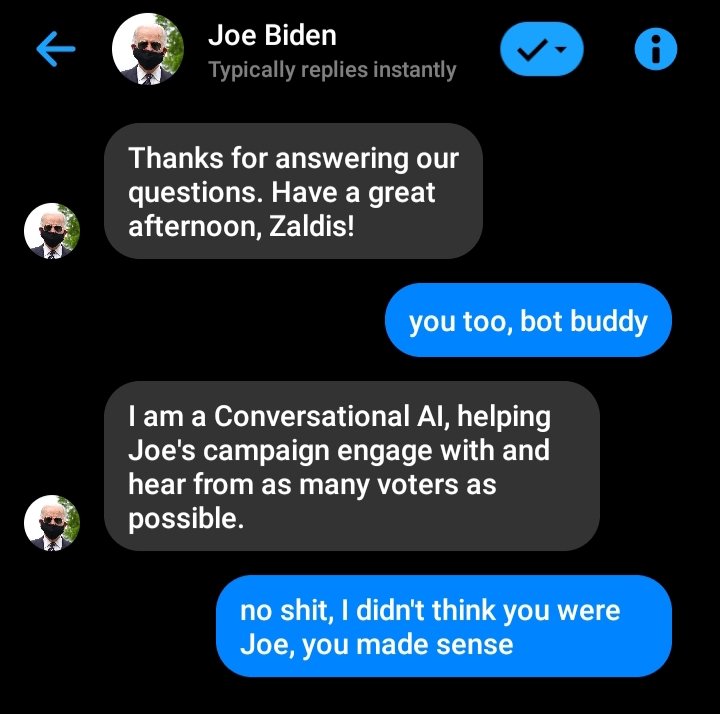 CocoLandry1's tweet photo. Fun with the @JoeBiden campaign AI. #notbluenomatterwho #Election2020
Apparently this is the only way you can talk about politics with him and not be sniffed. https://t.co/Fw97Rj4exo