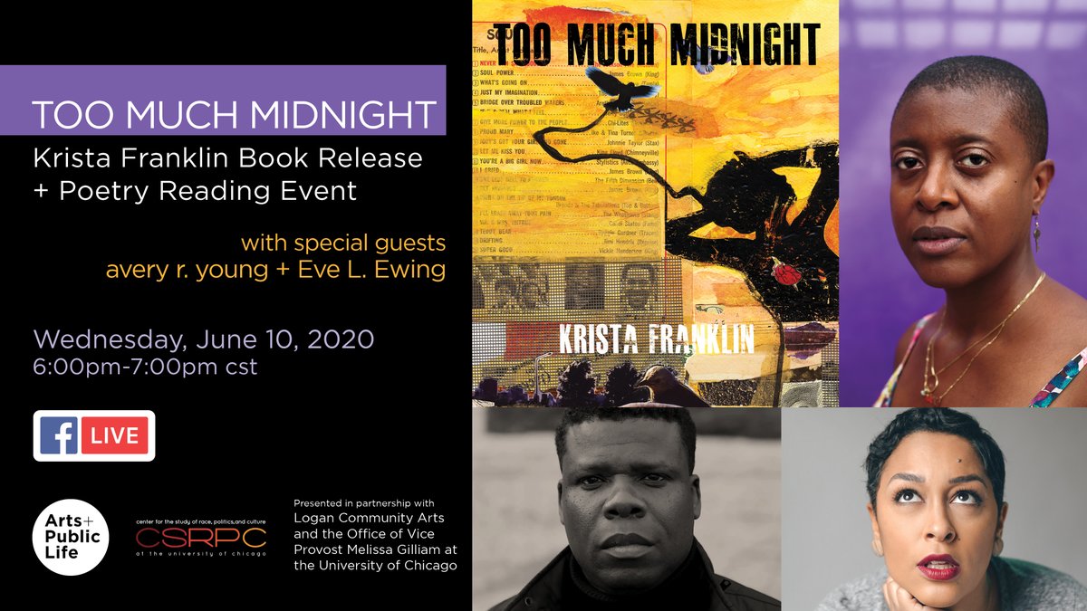 Mark your calendars for next Wednesday—don't miss this virtual celebration of Krista Franklin’s new book, Too Much Midnight, with avery r. young and Eve L. Ewing! facebook.com/events/2627261…