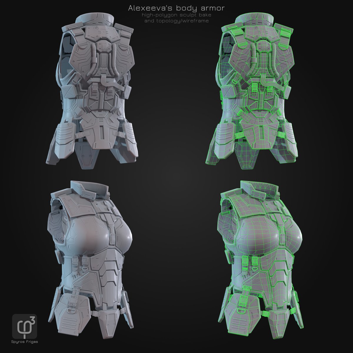 SFrigas's tweet image. Clay and wireframe views of the in-game 3D model for Alexeeva's armor with baked details from the high resolution sculpt, ready for final texturing. The bake was done with Marmoset Toolbag. #gameart #Marmoset