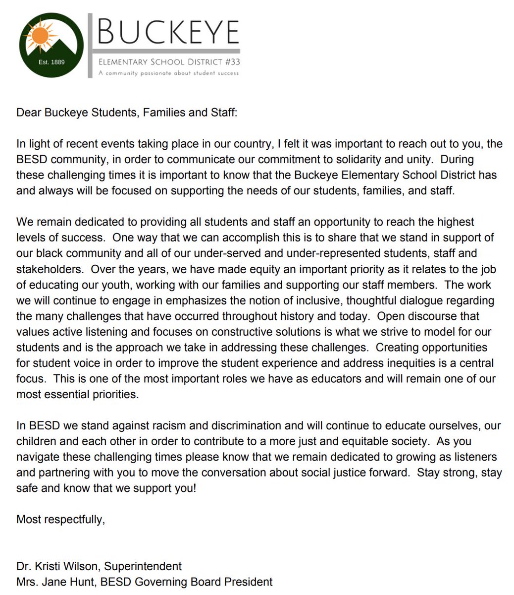 Please take a moment to read the below letter from our Superintendent Dr. Wilson and Governing Board President Mrs. Hunt.