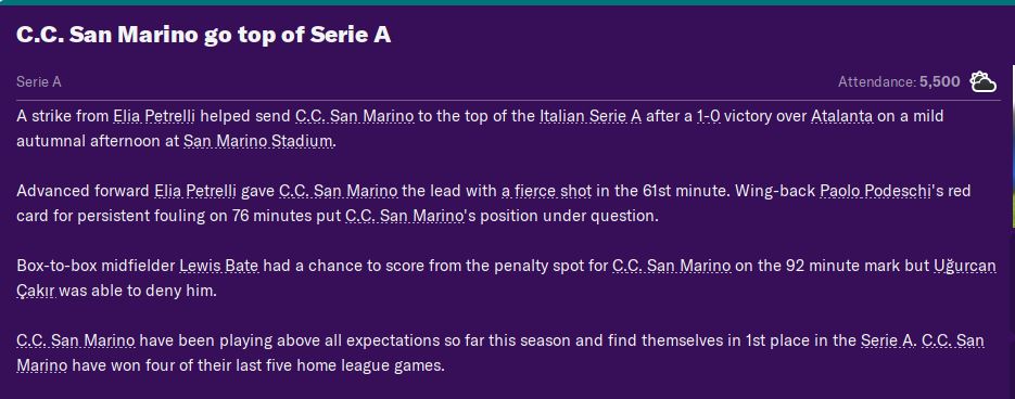 Only in mid-December, but the San Marino club side has finally reached the top of Serie A. Quite the journey from Serie D to reach this point...  #FM20