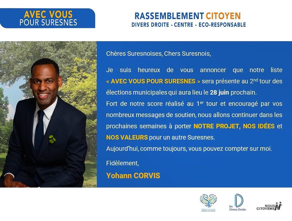 Nous avons le plaisir de vous annoncer que notre liste "Avec vous pour Suresnes" sera présente au second tour des élections municipales, dimanche 28 juin 2020 !
#Elections2020 #electionsMunicipales2020 #yohanncorvis #suresnes #hautsdeseine #iledefrance