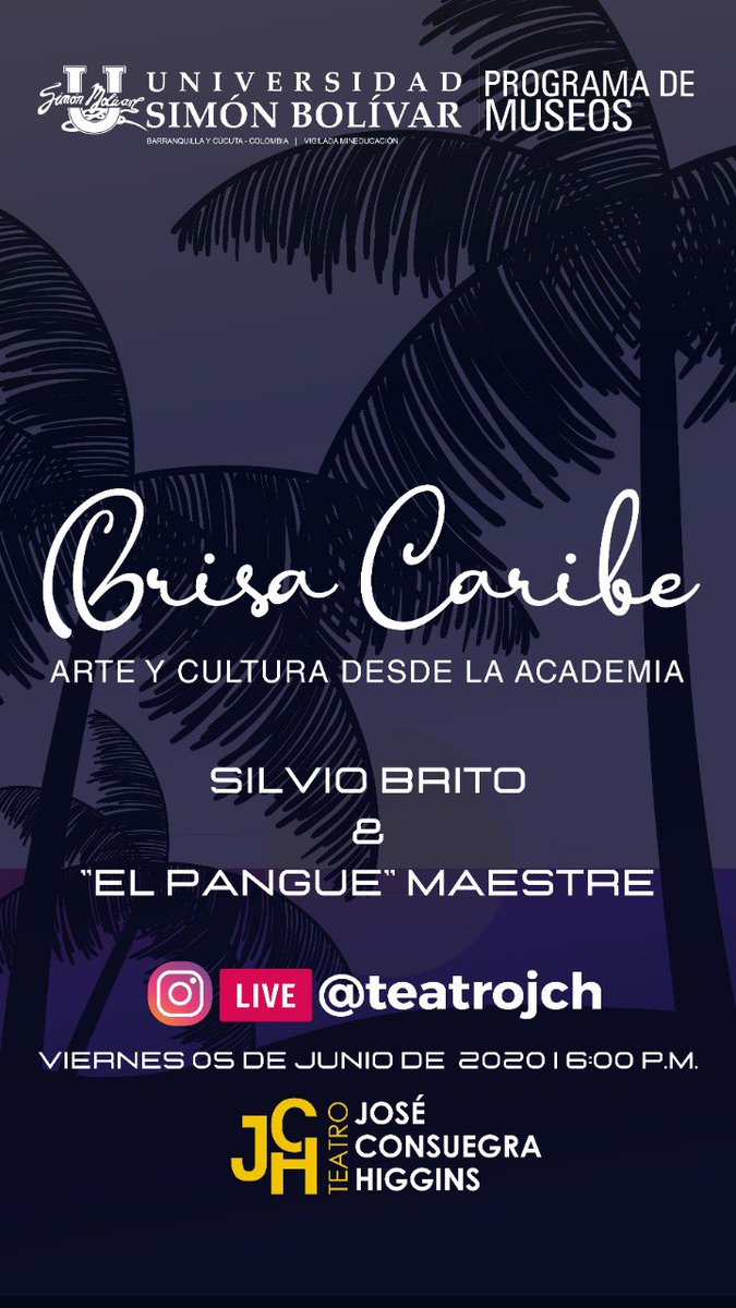 Programa de Museos y Teatro JCH de Unisimon te invitan al estreno del programa: 

BRISA CARIBE, Arte y Cultura desde la Academia con:

SILVIO BRITO*. Compositor de musica Vallenata &amp; *"El Pangue" Maestre. Acordeonero
Viernes, 05 de Junio de 2020 | 6:00 P.M. Instagram Live