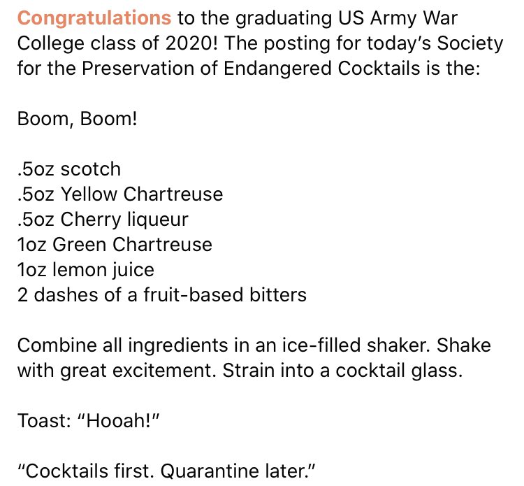 Congratulations to the graduating <a href="/ArmyWarCollege/">Army 🇺🇲</a> class of 2020! <a href="/DPRKan/">‏َ</a>’s posting for today’s Society for the Preservation of Endangered Cocktails is the:
Boom, Boom!

Toast: “Hooah!”
#CocktailsFirstQuarantineLater