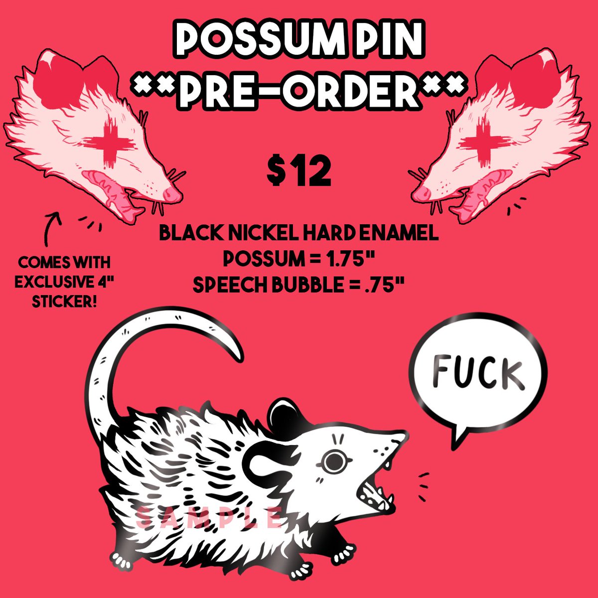 Pre-Orders for some new possum pins as well as restock preorders for the wolf pins are now up and will close on June 22nd! Both come with exclusive stickers and the wolf pin will be GLOW IN THE DARK this time around!! Link to order below! 