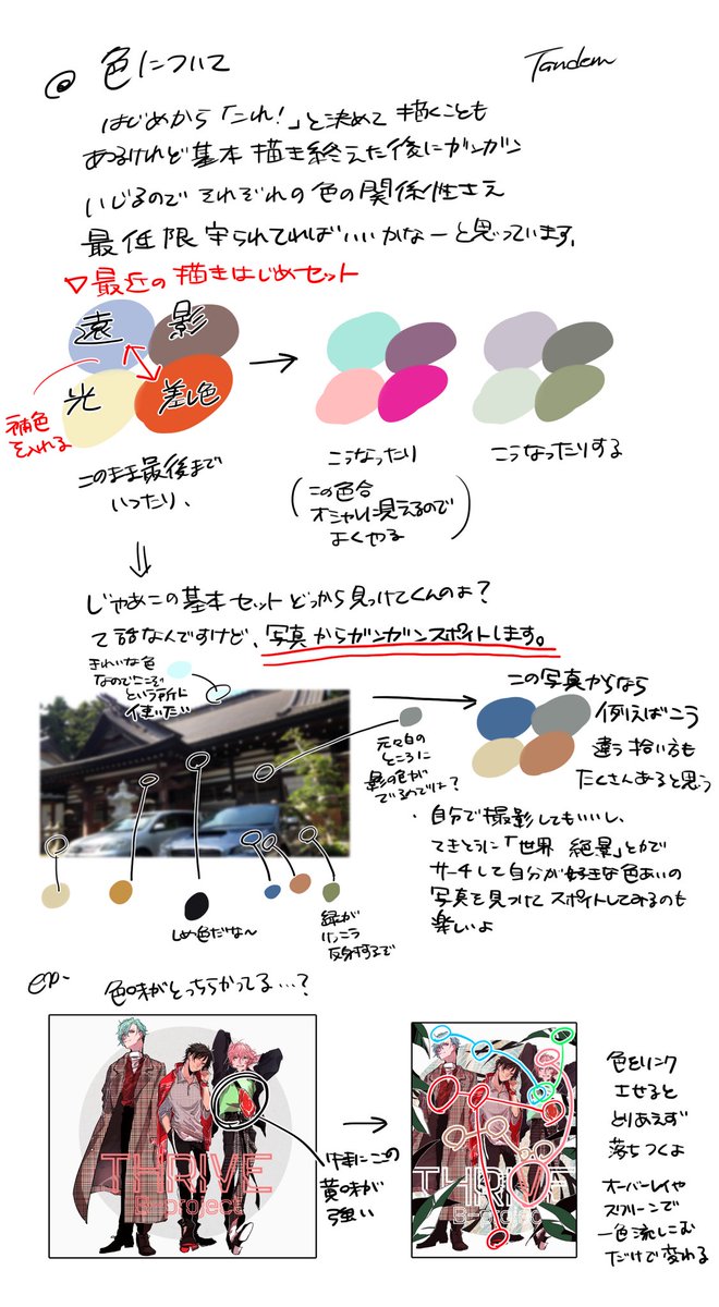 こっちはイラスト篇、動きのあるポーズ・構図、配色で考えていることのメモ
漫画と同じようにイラストも勉強したことないので正しくはないと思います 