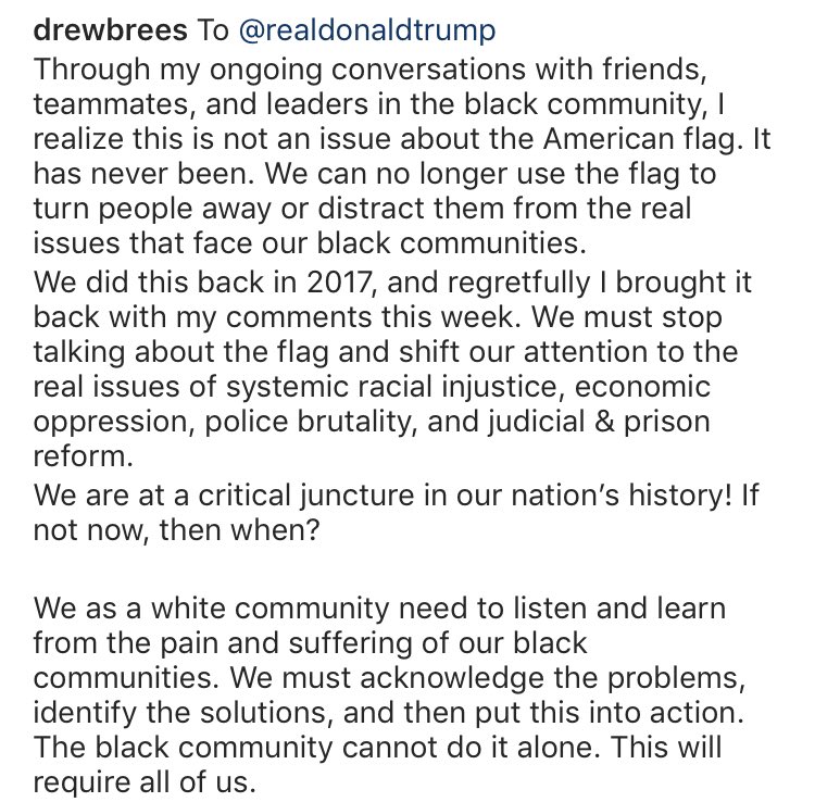 CWatkins_TV's tweet photo. NEW: @drewbrees responds to @realDonaldTrump: “I realize this is not an issue about the American flag. It has never been. We can no longer use the flag to turn people away or distract them from the real issues that face our black communities...” @wdsu https://t.co/kfkzRiTvUi