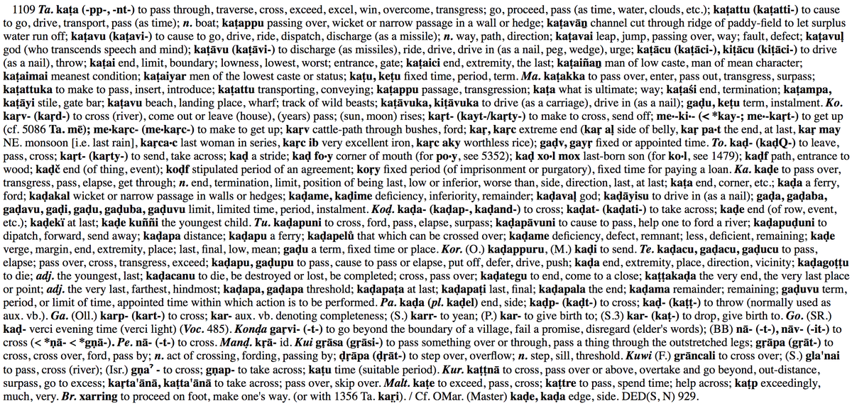 holatombola's tweet photo. A set of terms of common origin characterising the Deccan plateau:

- Kannada kaḍe, Telugu kaḍa 'place, direction, side'
- Marathi kaḍē 'towards', kaḍ 'border, edge, side'

In Marathi's case they're borrowed from Kannada, these terms have widespread cognates in Dravidian. https://t.co/yi0QeUJLIH