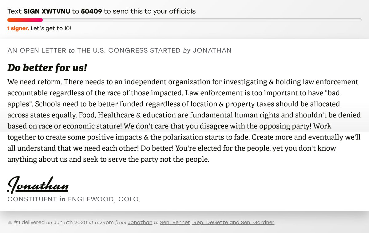 openletterbot's tweet photo. 🖋 Sign “Do better for us!” and I’ll deliver a copy to your officials: https://t.co/P1y9qzkFPT

📨 Last delivered from Jonathan to @SenatorBennet, @RepDianaDeGette and @SenCoryGardner #CO01 #COpolitics https://t.co/xlkw68JMel