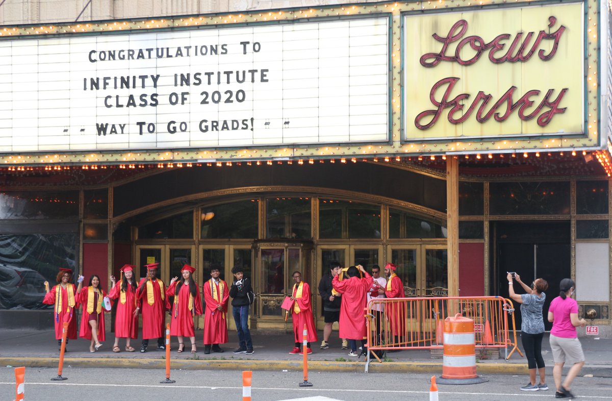 loewsjcommunity's tweet photo. #InfinityInstitute #ClassOf2020 #JerseyCity getting some public recognition, despite #COVID_19 in #JSQ outside #LoewsJersey. The marquee will be lit tonight to 9PM at least. Pix from across #JFKBlvd Tomorrow Sat June6 #InnovationHighSchool goes up. #JCBOE @JCBOE @Innovation_HS https://t.co/o7LGiVHhEq