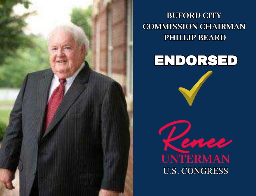 Renee_Unterman's tweet photo. I’m proud to call Buford home and I’m honored to have so much support in the local community. Thank you to Buford City Commission Chair Phillip Beard for endorsing my campaign! #gapol #BufordGA #ReneeForCongress https://t.co/oAFmLM5UZy