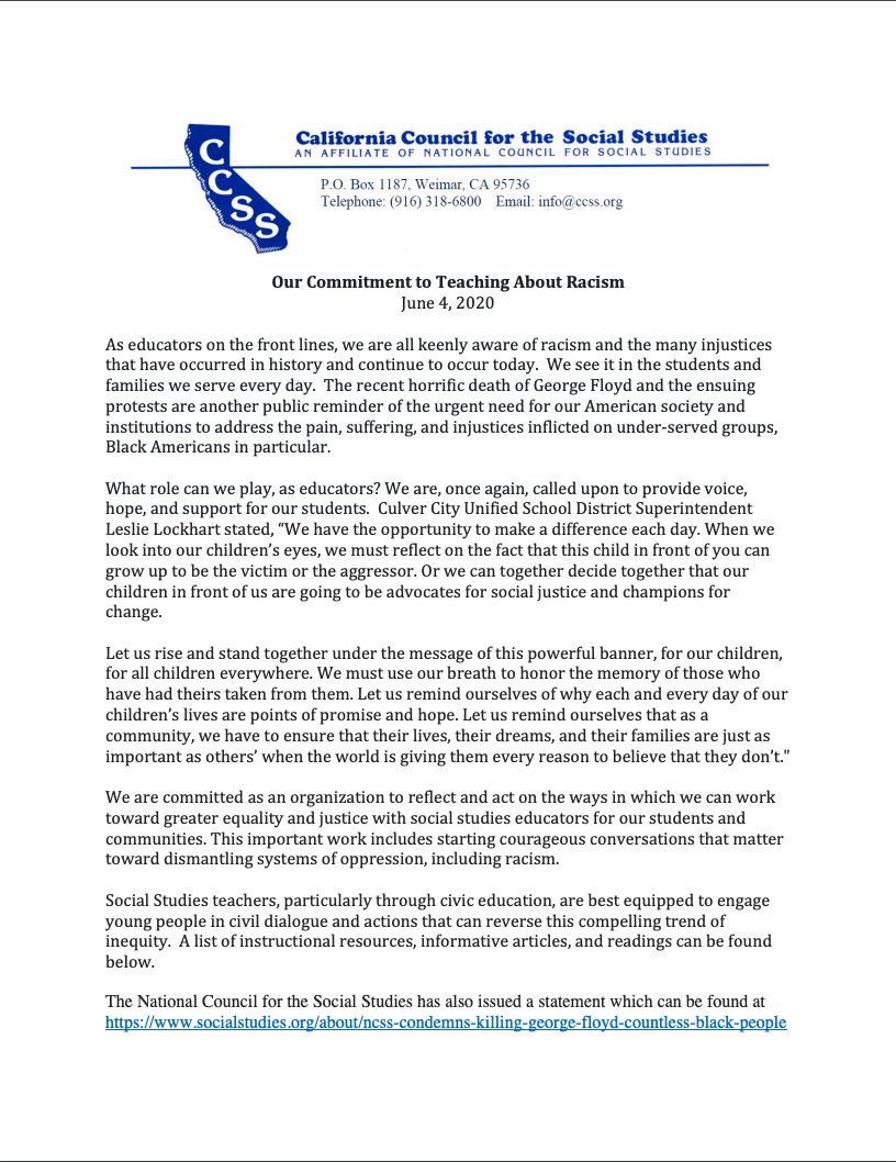 CAsocialstudies's tweet image. Our full statement &quot;Our Commitment to Teaching About Racism&quot; and list of resources can be found on our website at ccss.org