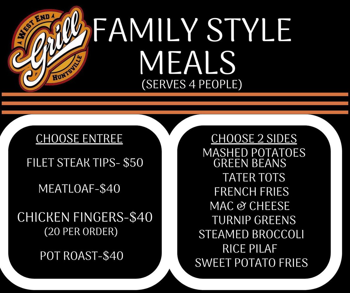 You've worked hard all week long, let someone else do the cooking! You can feed your entire crew with West End Grill Family Meals starting at only $40 🍗 🥐 
checkle.app.link/deal/1655372/-…

#dinehsv #hsv #hsvalabama #huntsville #huntsvilleal #ihearthuntsville #ihearthsv #rocketcity