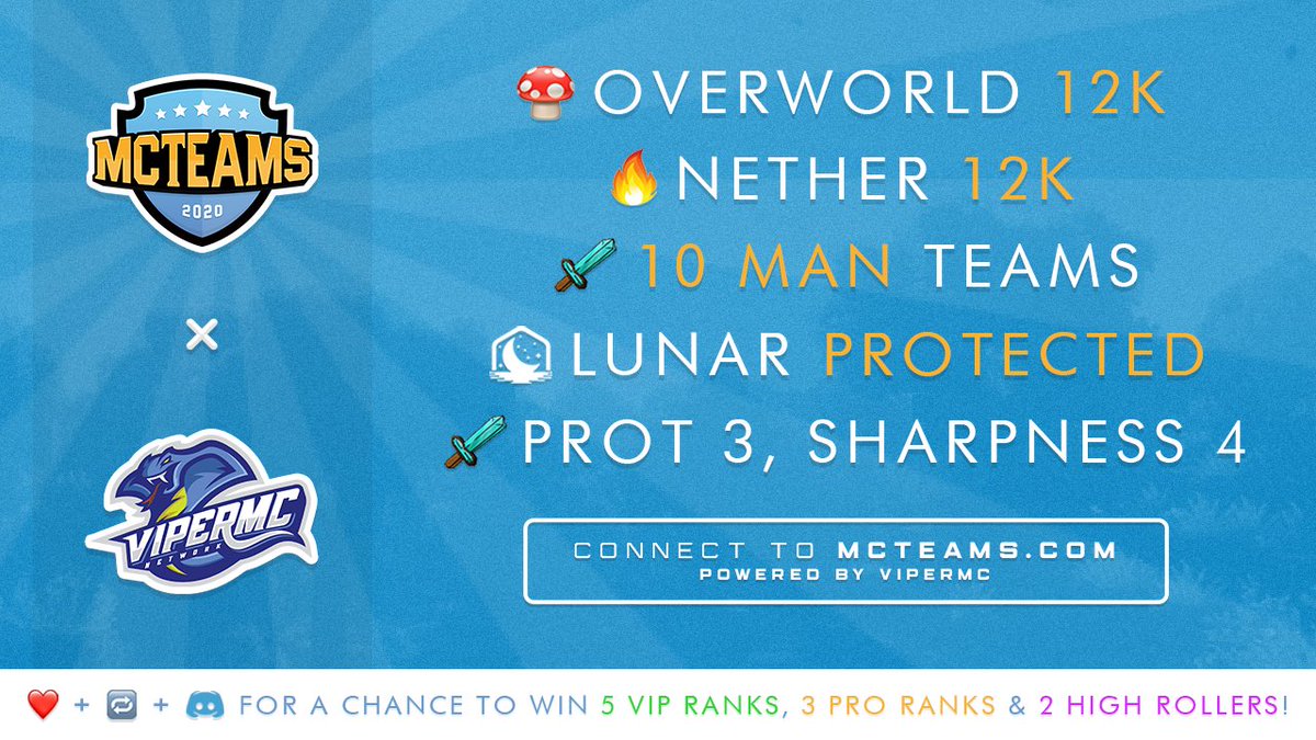 MCTeams_'s tweet image. MCTEAMS MAP 5 DETAILS 🍄 

 🔁 + ❤️ + mcteams.com/discord 🎉 

Follow the steps for a chance to win one of SIX ranks for Map 5!
 👑 x1 HIGHROLLER RANK
 🏵️ x2 PRO RANK
 🔰 x3 VIP RANK