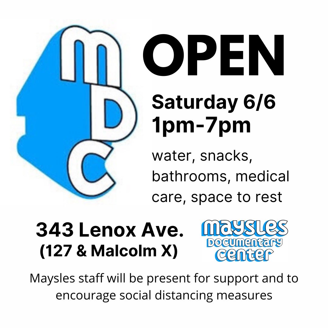MayslesCinema's tweet photo. Retweet! We will be open tomorrow 6/6 with support and space. 127 &amp; Malcolm X. Info about future openings to come. #openyourlobby #blacklivesmatter #nycprotest #nycsafehouse #safespace #harlemprotest #nycprotest https://t.co/jObKyxQqWn