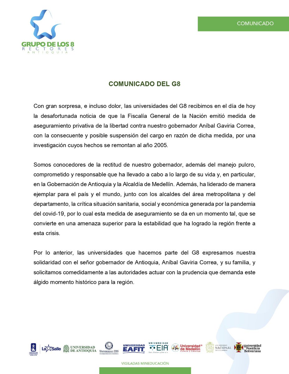 #G8UniversidadEnRed | Las universidades que hacemos parte del G8 compartimos el siguiente pronunciamiento sobre el señor gobernador de Antioquia, Aníbal Gaviria Correa.