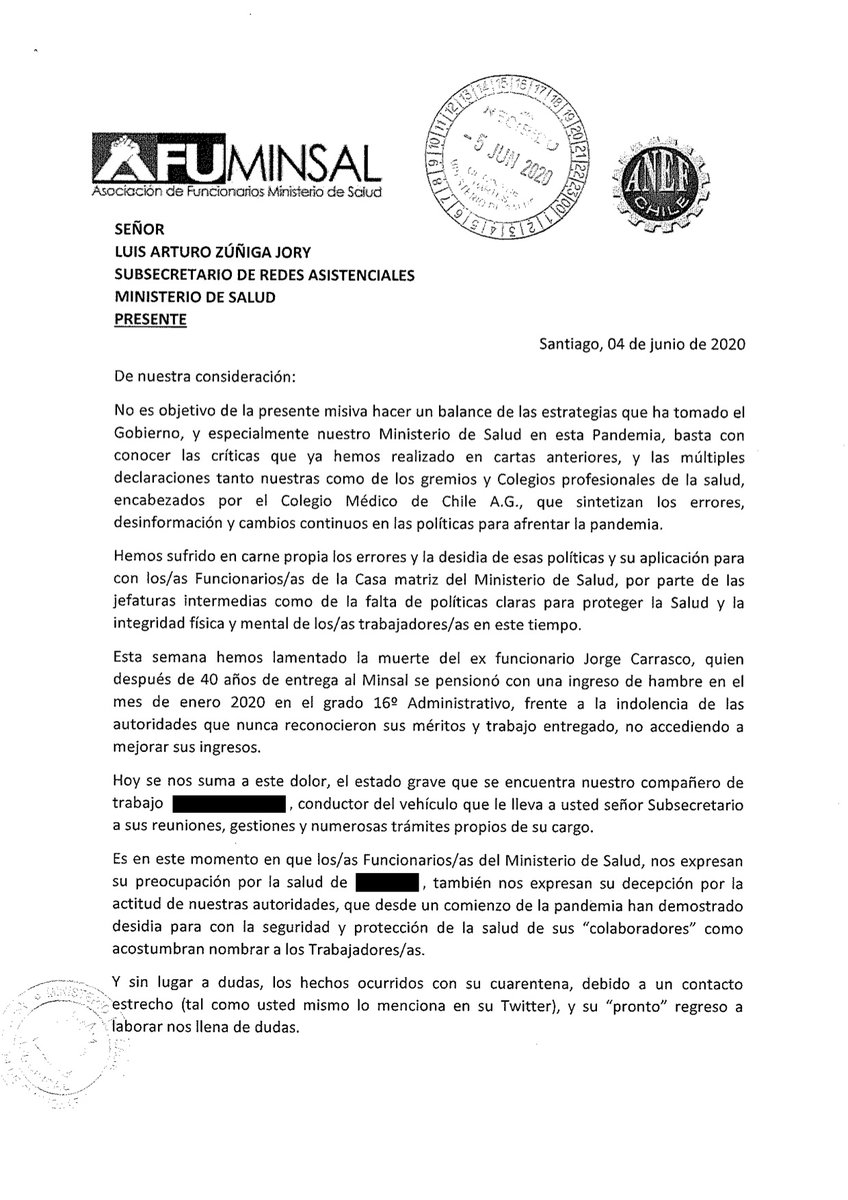 N_PrensaCL's tweet photo. Asociación de funcionarios del Ministerio de Salud (@ministeriosalud) solicita a subsecretario de Redes Asistenciales Arturo Zúñiga poner su cargo a disposición  por "temeraria decisión" de arriesgar la salud del personal. https://t.co/RkRVhpq93m